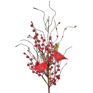 Snow Flocked Red Berry & Glitter Boxwood Christmas Stem Spray - 15